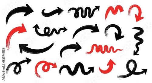 Collection of hand drawn black and red arrow shapes in various styles