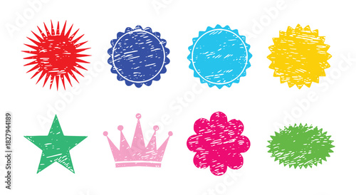 Stamp. Grunge. Shape. A colorful vector set of eight icons with a distressed stamp or grunge texture for a creative logo, a social media post, a sticker, or a fun design element pack.