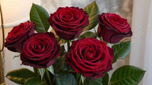 A beautiful bouquet of five deep red roses with water droplets indoors