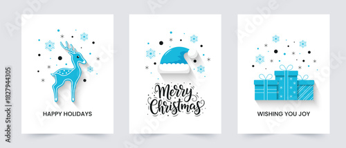 Set of elegant minimalist Christmas greeting cards with stylish icons of decorations, reindeer, Merry Christmas calligraphy phrase with Santa Hat and gift boxes on a white background. Vector