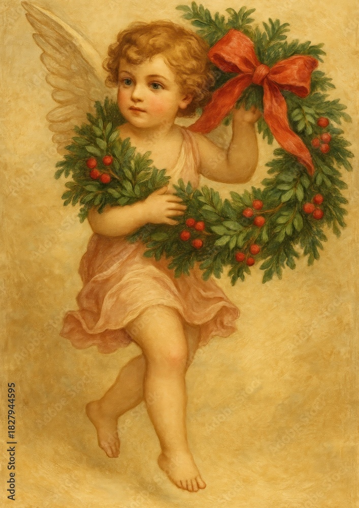 Obraz premium Cherubic angel holding festive wreath.