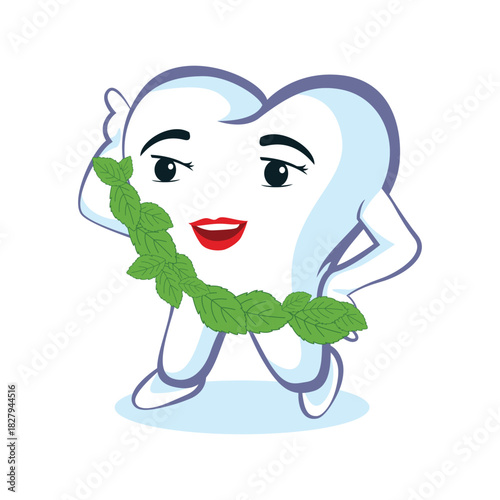Happy, healthy tooth mascot with fresh mint leaves. Dental care and oral hygiene
