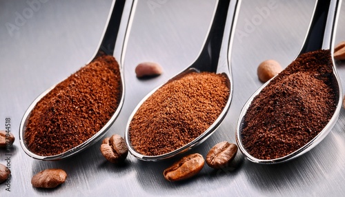 Three Types Of Coffee In Spoons In Assortment Instant Ground Grain And Grain