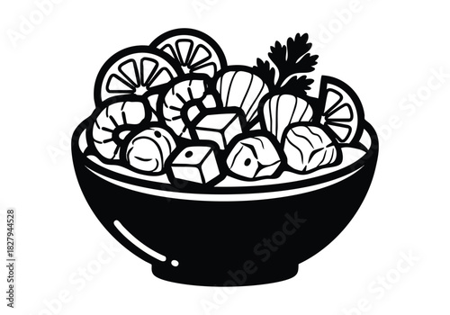 Vibrant seafood ceviche bowl with fresh lime and cilantro garnish, a delicious and healthy culinary treat perfect for restaurant menus and food blogs