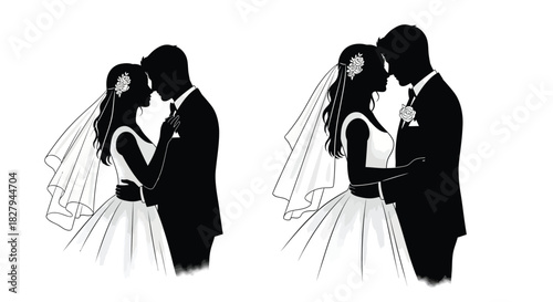 Silhouetted wedding couple embracing a romantic black and white illustration