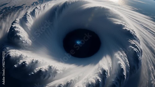 Massive hurricane clouds swirling over planet Earth in a cinematic 3D animation, showcasing the storm eye from a satellite view for meteorology concepts.