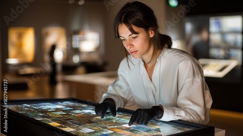 A museum archivist examining old photographic slides on a lightbox, carefully sorting historic images with gloved hands — preservation, archival research, and cultural documentation. cinematic
