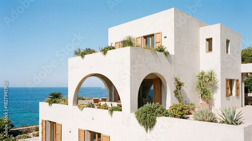 A contemporary white villa overlooking the sea captures the essence of coastal living with its unique design, lush greenery, and inviting outdoor spaces for relaxation.