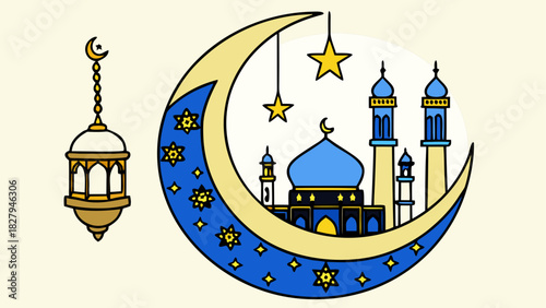 Illustration of crescent moon with mosque and lantern