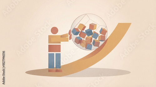 A man pushes a sphere full of colorful blocks up a sloped surface, symbolizing the challenge of balancing responsibilities and aspirations in life and work.