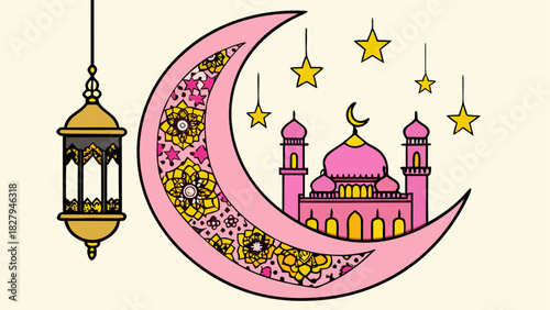 Crescent moon and mosque with hanging star lantern