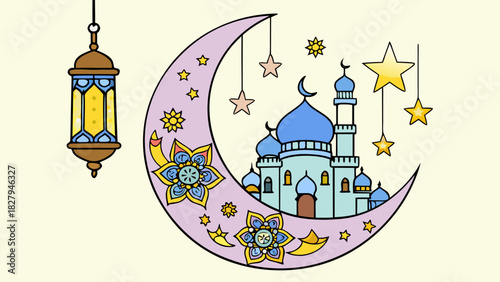 Ramadan illustration with mosque moon and lantern