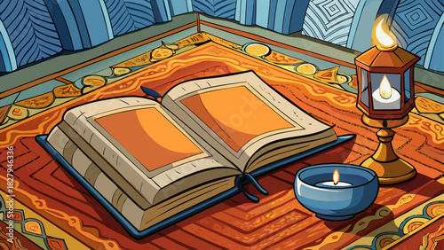 Still life of books candle and cup on the table