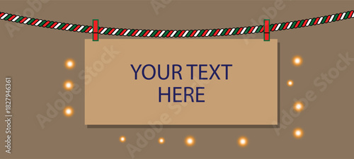 Festive Hanging Card Mockup on Rope with Glowing Lights