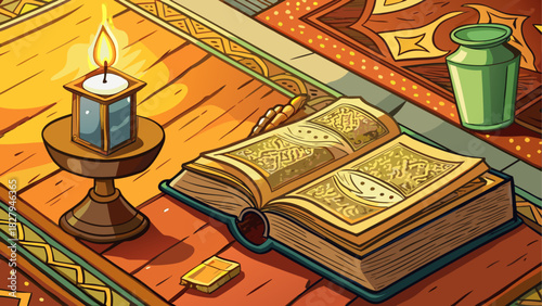 Still life with open book candle and other books