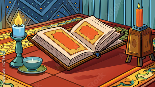 Still life with book candle and vase illustration