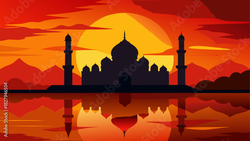 Silhouette of a mosque at sunset with reflections
