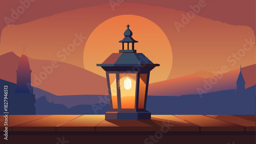 Illustration of a lantern at sunset in the desert