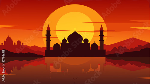 Silhouette of a mosque at sunset with reflections