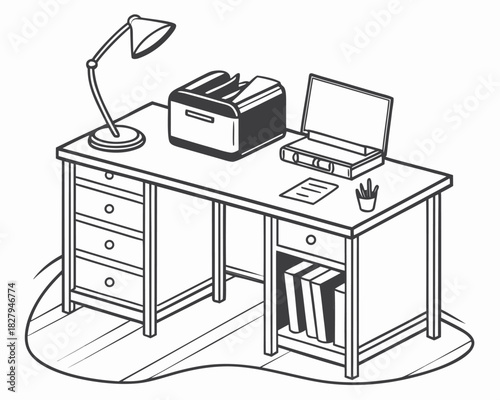 Organized workspace illustration with laptop, lamp, and printer for productive office vibes, perfect for business presentations and professional designs