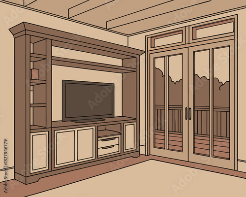 Elegant living room interior design with custom built-in shelving and entertainment unit, bringing upscale style and organization to your home decor projects