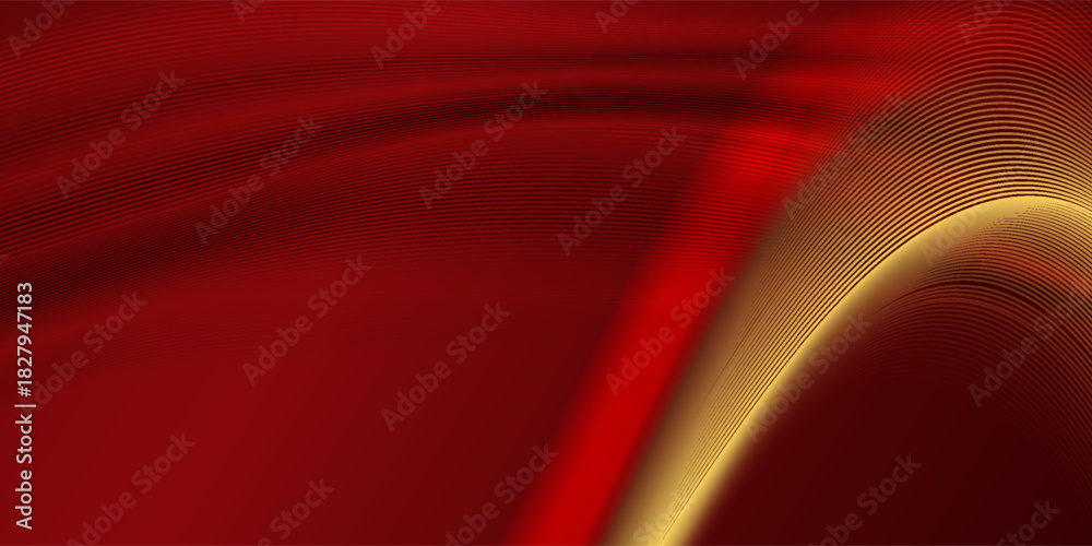 Fototapeta premium Luxry red curved lines and gold wave lines on dark red background and lighting effect sparkle. Luxury template celebration award design. Vector illustration