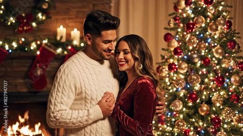 Romantic Young Couple Holding Hands and Embracing by a Glowing Christmas Tree and Cozy Fireplace