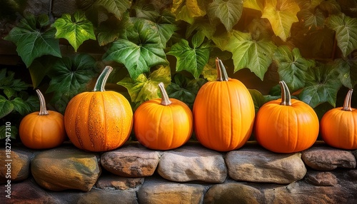 Seasonal Bright Pumpkins On A Stone Wall Surrounded By Green Foliage Autumn Background
