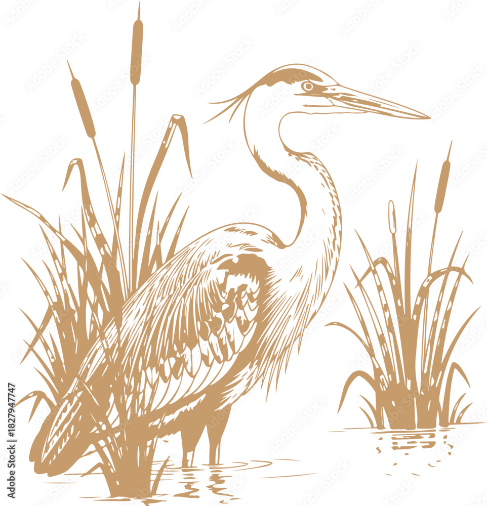 Fototapeta premium Elegant heron wading in reeds, elegant line art vector illustration