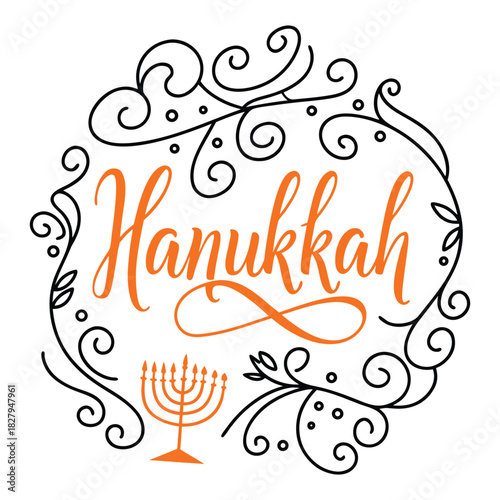 Orange Hanukkah calligraphy with menorah and decorative swirls Jewish holiday