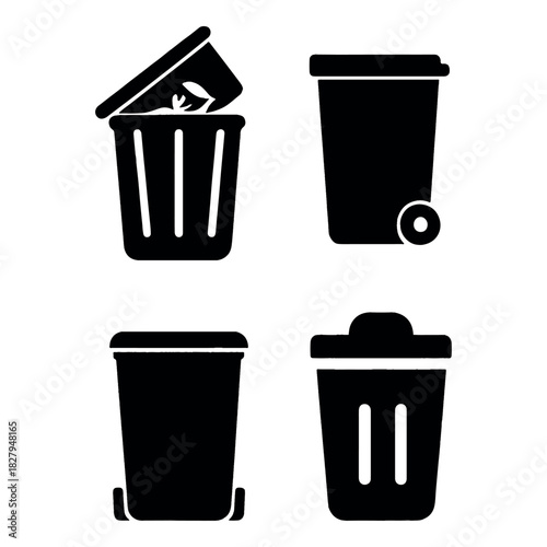 Trash Bin and Sanitation Worker Silhouettes. Waste Management Vector Set for Printing.