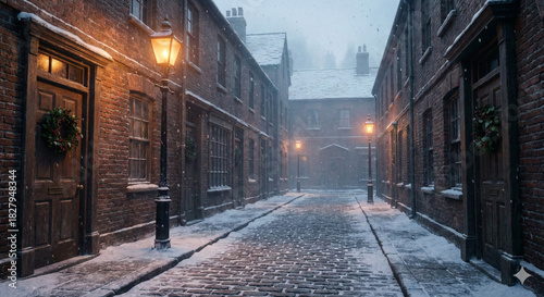 Empty Victorian cobblestone street at night with falling snow