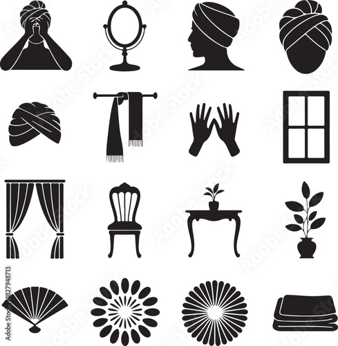 Collection of Household and Beauty Related Pictograms in Black and White