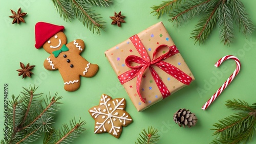A vibrant Christmas scene features wrapped presents, a gingerbread man, pine branches, and candy canes on a green background