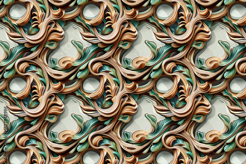 Fototapeta Naklejka Na Ścianę i Meble -  A seamless 3D pattern features ornate, flowing botanical and abstract elements in shades of wood and teal. 