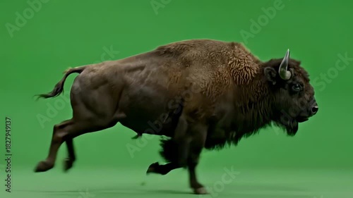 A large brown bison running quickly across a green screen studio environment in side profile view