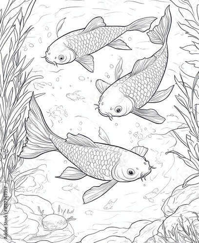 Koi fish swimming among aquatic plants detailed black and white coloring page for kids and adults