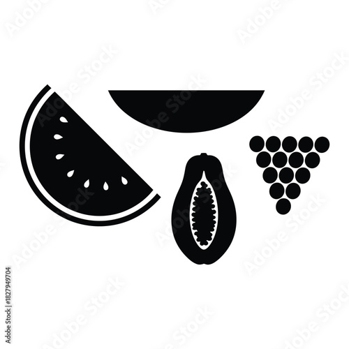 Black Silhouettes of Watermelon Slice Papaya Grapes and Melon Slice fruit