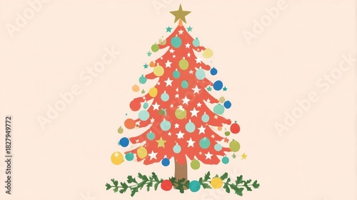 Christmas tree illustration with colorful bauble, star ornaments and holly decoration on light beige background, suitable as wallpaper, poster, banner for festive holiday and seasonal Christmas decor.