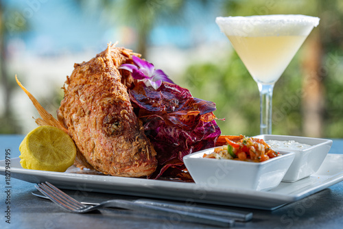 Fototapeta Whole deep fried snapper