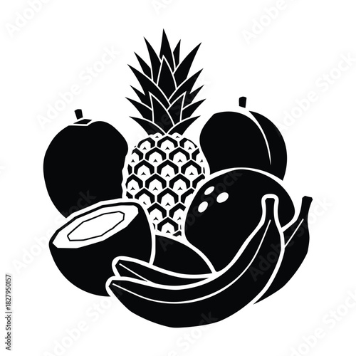 Tropical fruit arrangement with pineapple coconut bananas and mangoes Keywords: fruit, tropical, pineapple