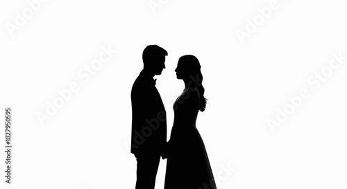 Elegant silhouette of a bride and groom holding hands on a white background.