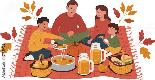 Happy family having autumn picnic on red plaid blanket with food and drinks in park pixel art vector illustration for thanksgiving