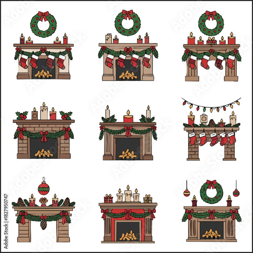 Decorated Christmas Fireplace Vector Illustration Set