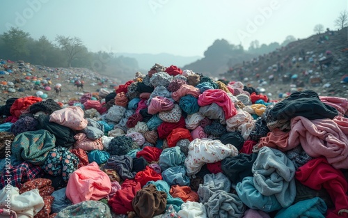 Huge piles of unnecessary clothes in the landfill. The problem of overproduction, irrational consumption and environmental pollution. High quality