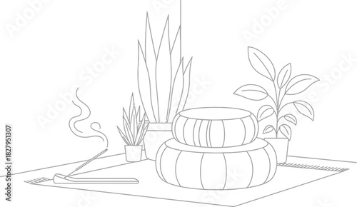 Minimalist line art of a cozy indoor space with plants and incense burning softly