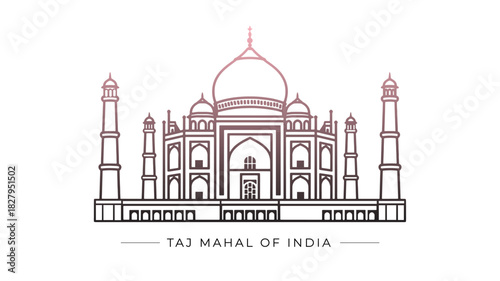 Taj Mahal of india. Line art of the iconic world seven wonder landmark.

