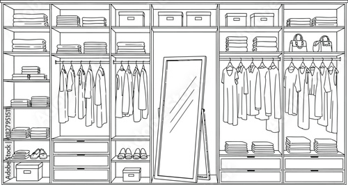Detailed line drawing of a wellorganized closet with clothes and accessories