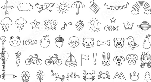 Collection of hand drawn doodle icons and symbols in black and white