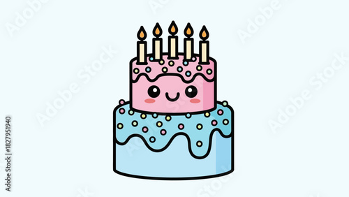 Cute cartoon birthday cake with pink and blue frosting and five lit candles.